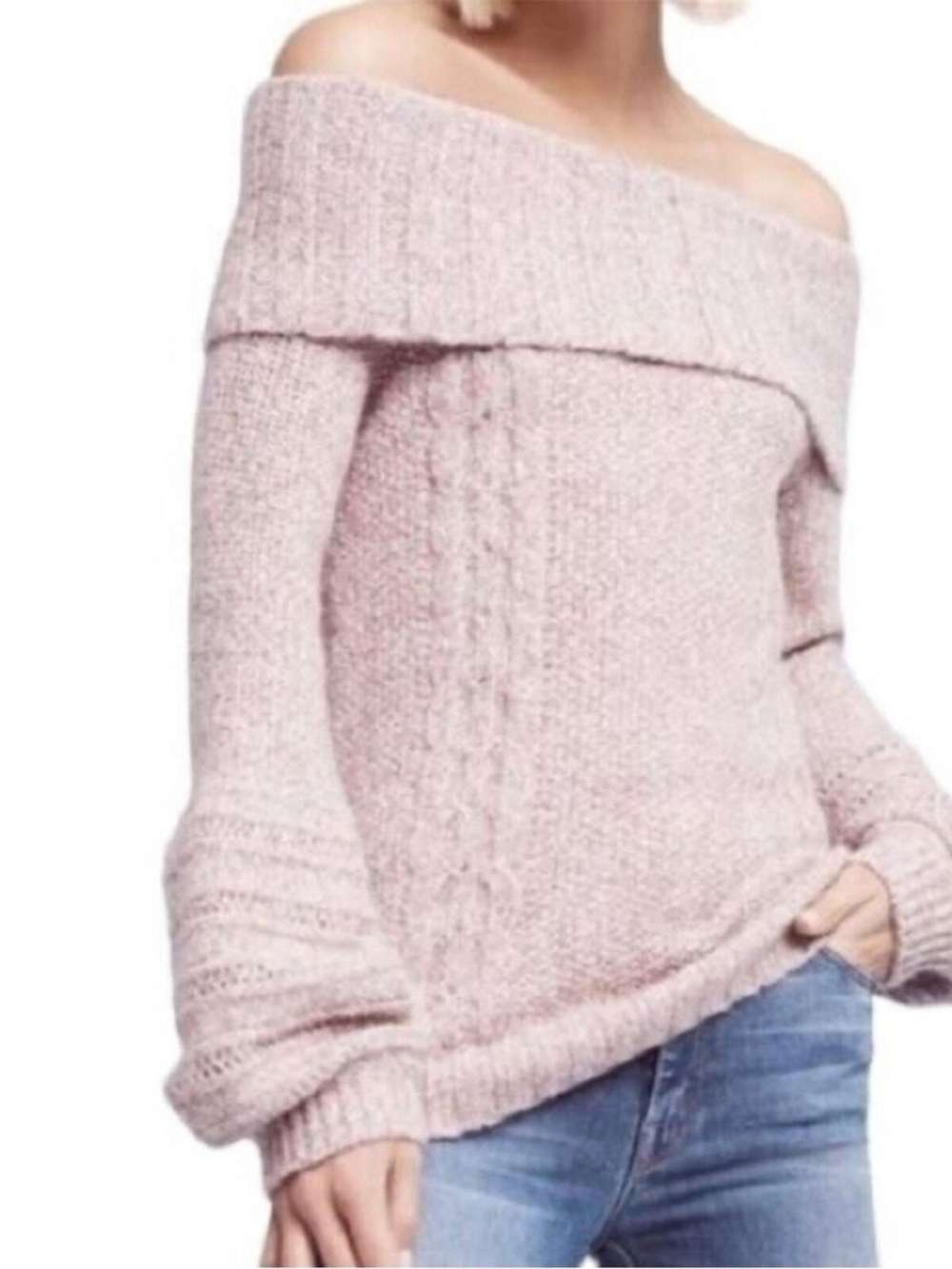 Anthropologie Off-the-Shoulder Cable Knit Sweater in Dusty Mauve
